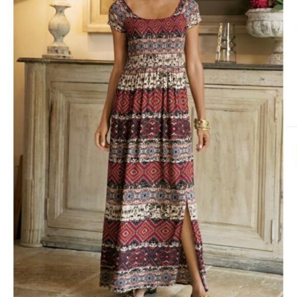 Soft Surroundings Women's Smocked Marcelo Boho Maxi Dress Short Sleeve Small - Picture 1 of 9
